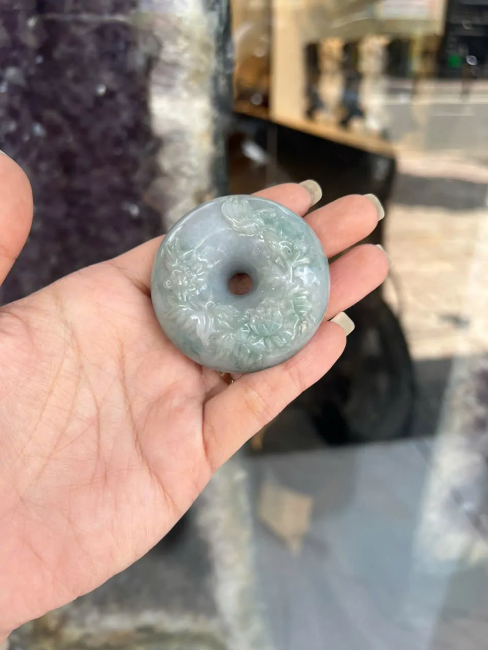 Ngọc bội đồng tiền khắc hoa vân nổi (GCN 17777 - 99.48 gr) S6896-S1-6765